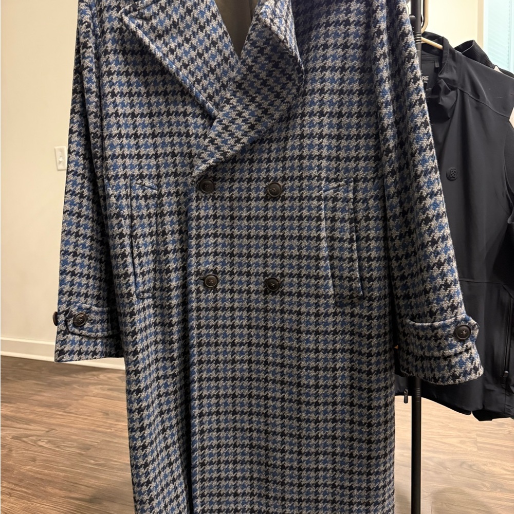 Todd Snyder Blue and White Houndstooth Pea Coat